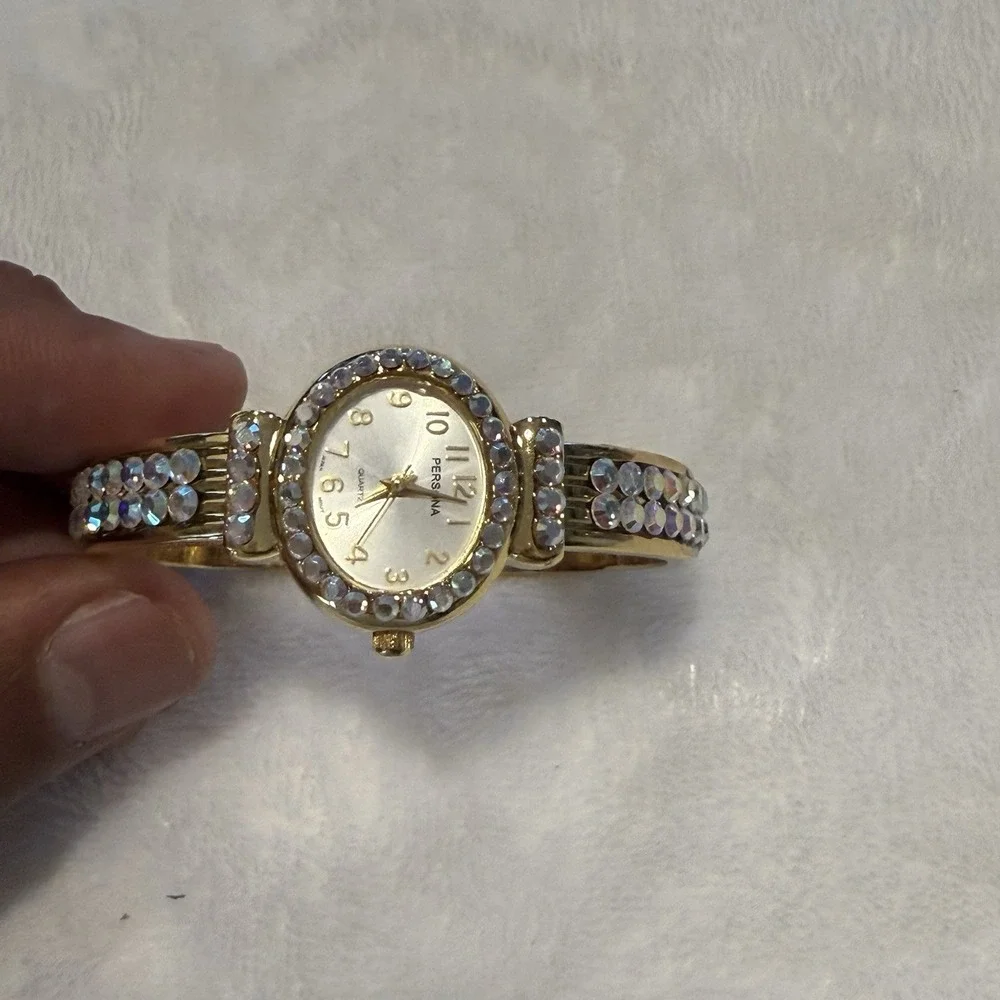 Persona Gold Tone Rhinestone Cuff Bracelet Watch Japan Quartz Women's Working
